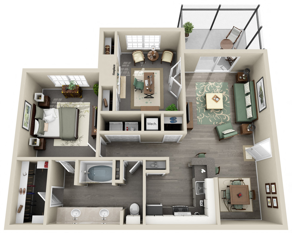 Floor plan for 1 bed, 1 bath, 1080 sqft